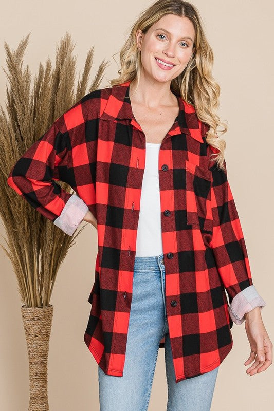 Plaid Button Down Shirt – red casual long sleeve shirt