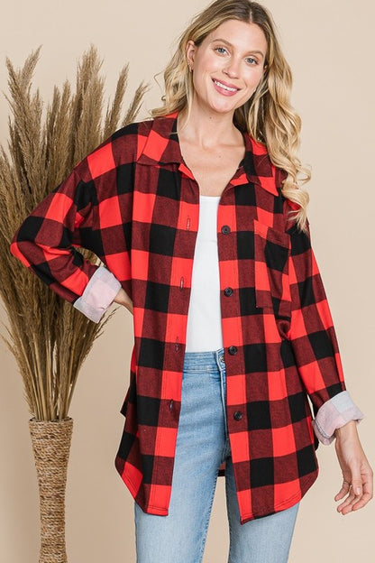 Plaid Button Down Shirt – red casual long sleeve shirt