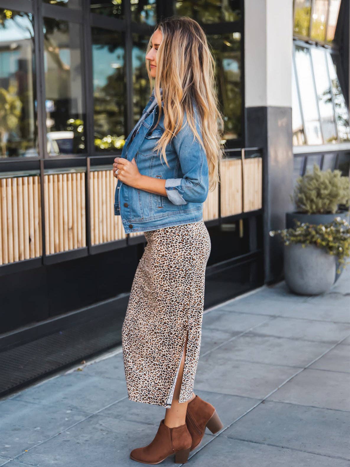 Cheetah print brown side slit midi skirt – women's boutique statement bottom - Side