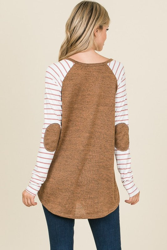 Raglan Baseball Tee with striped sleeves in camel, women’s casual top - Back