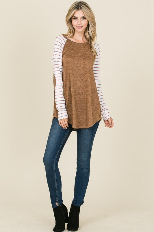 Raglan Baseball Tee with striped sleeves in camel, women’s casual top - Full