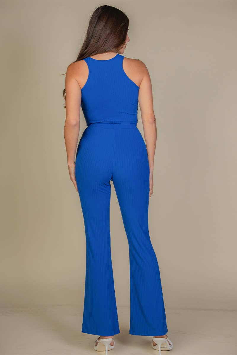 Ribbed cropped top and bootcut pants set in royal blue — Back View