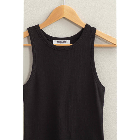 Ribbed round neck tank top in black — fitted women's boutique tank