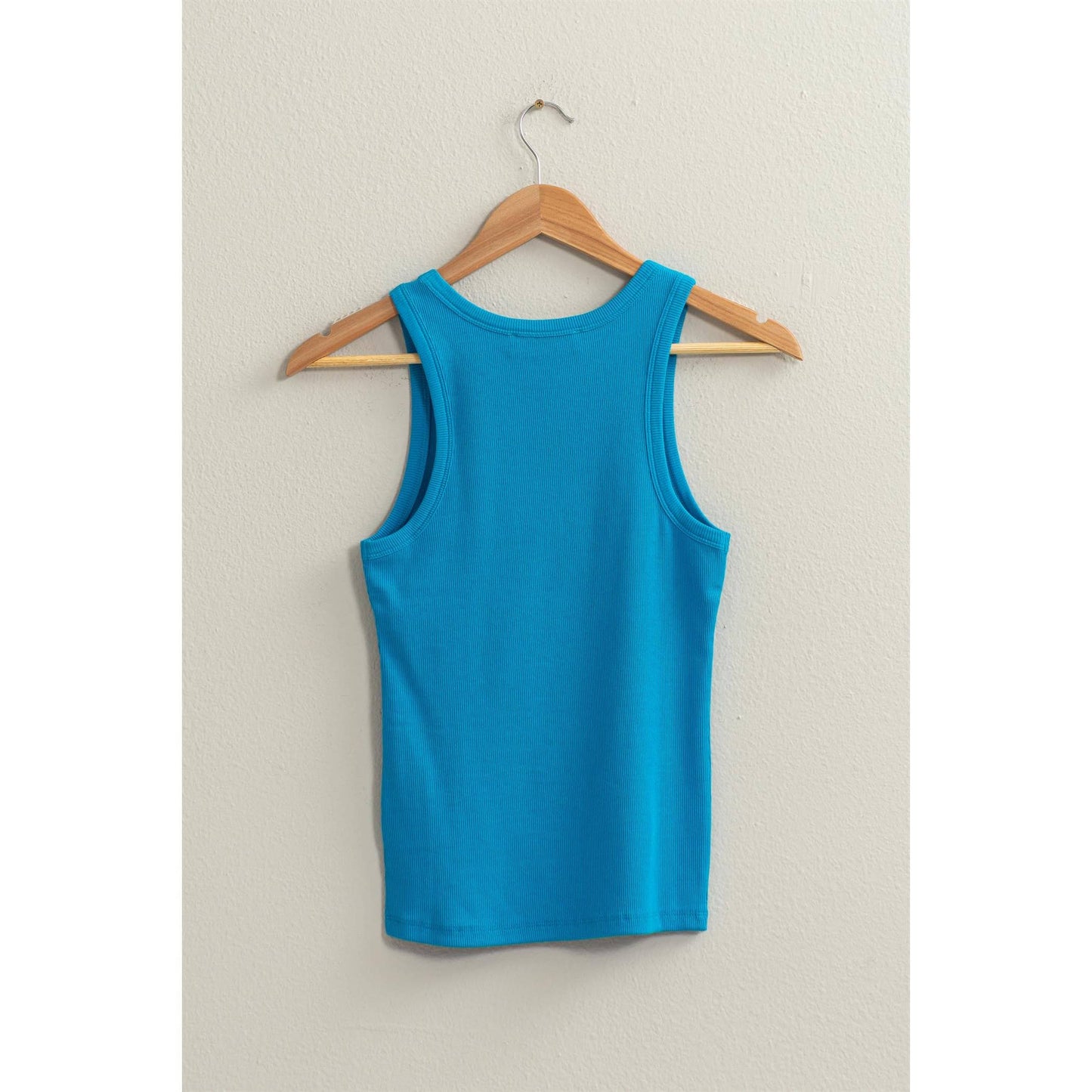 Ribbed round neck tank top in blue — fitted women's boutique tank - Back View