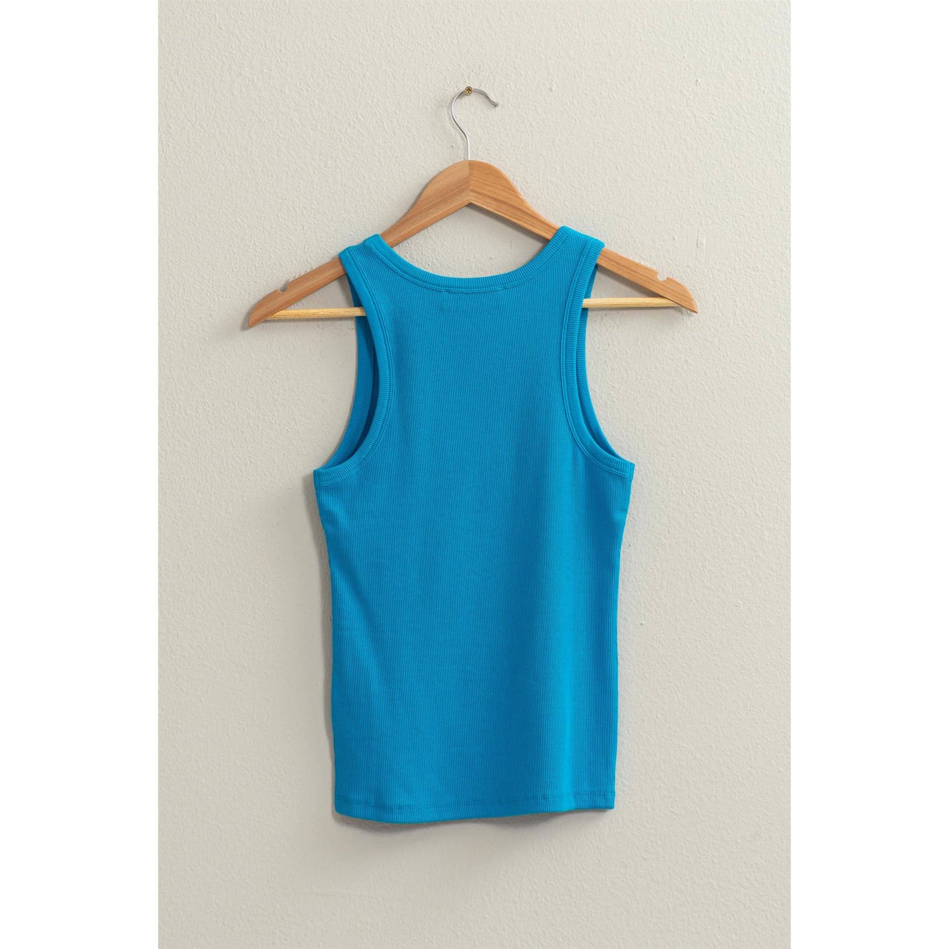 Ribbed round neck tank top in blue — fitted women's boutique tank - Back View