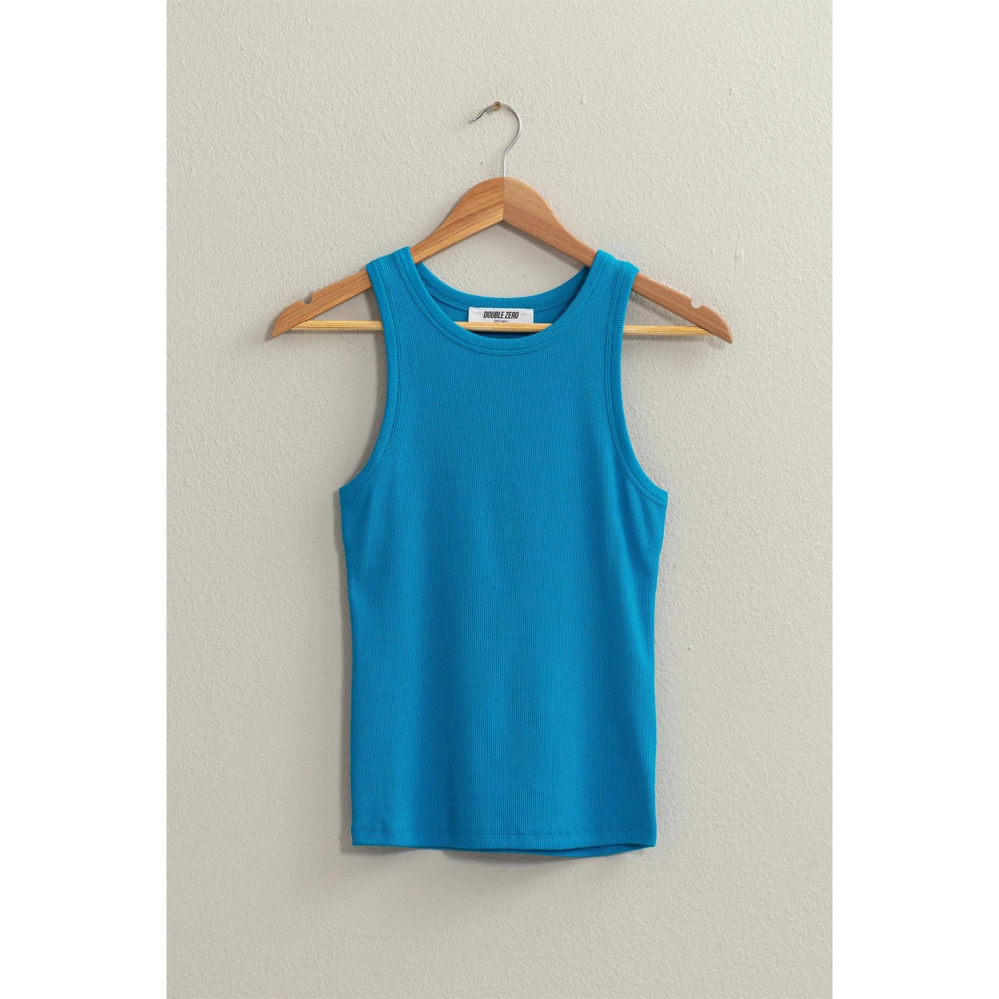 Ribbed round neck tank top in blue — fitted women's boutique tank - Close Up