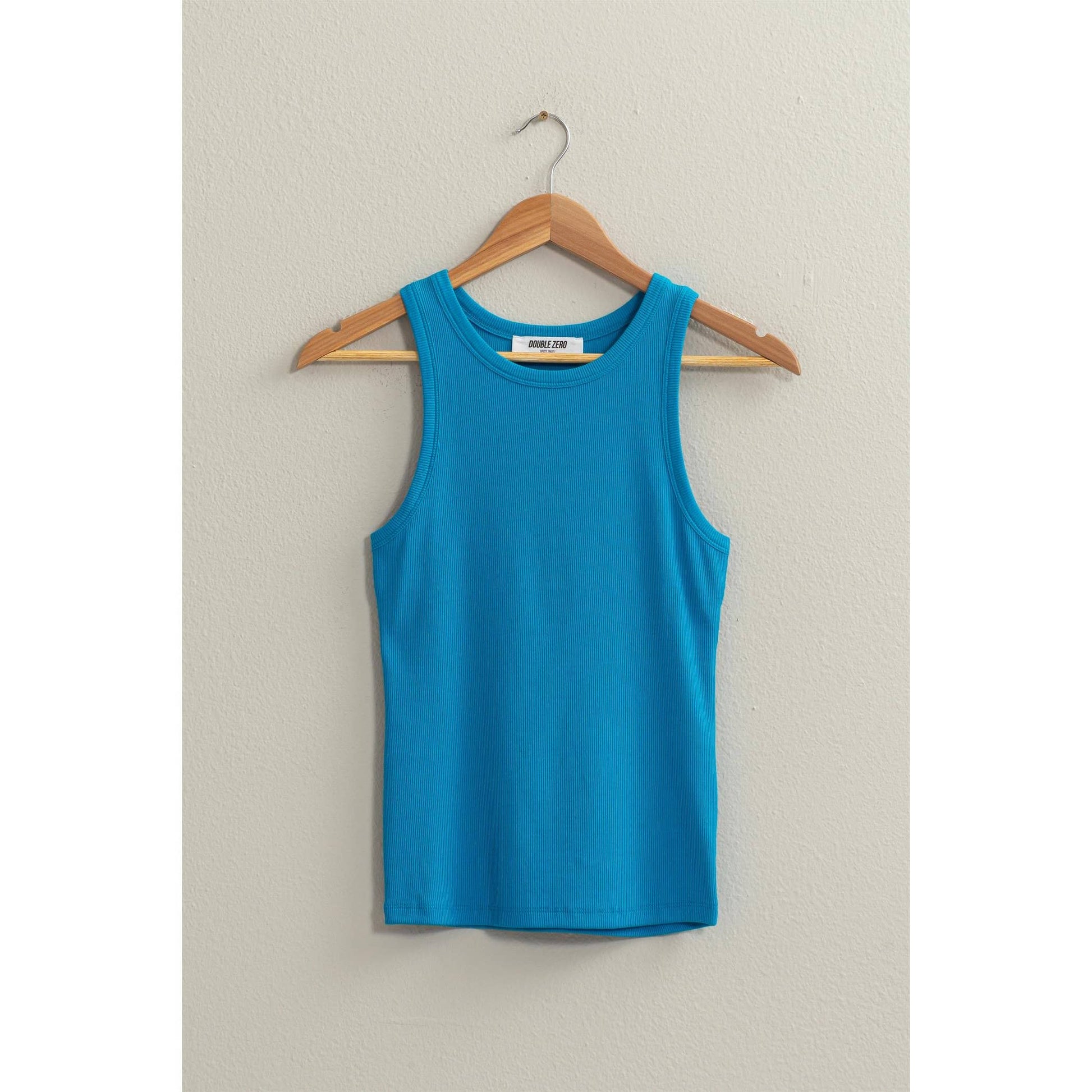 Ribbed round neck tank top in blue — fitted women's boutique tank - Close Up