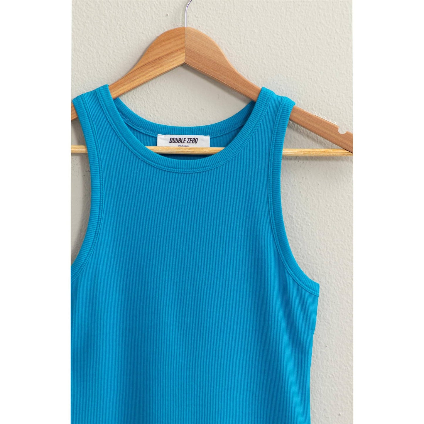 Ribbed round neck tank top in blue — fitted women's boutique tank