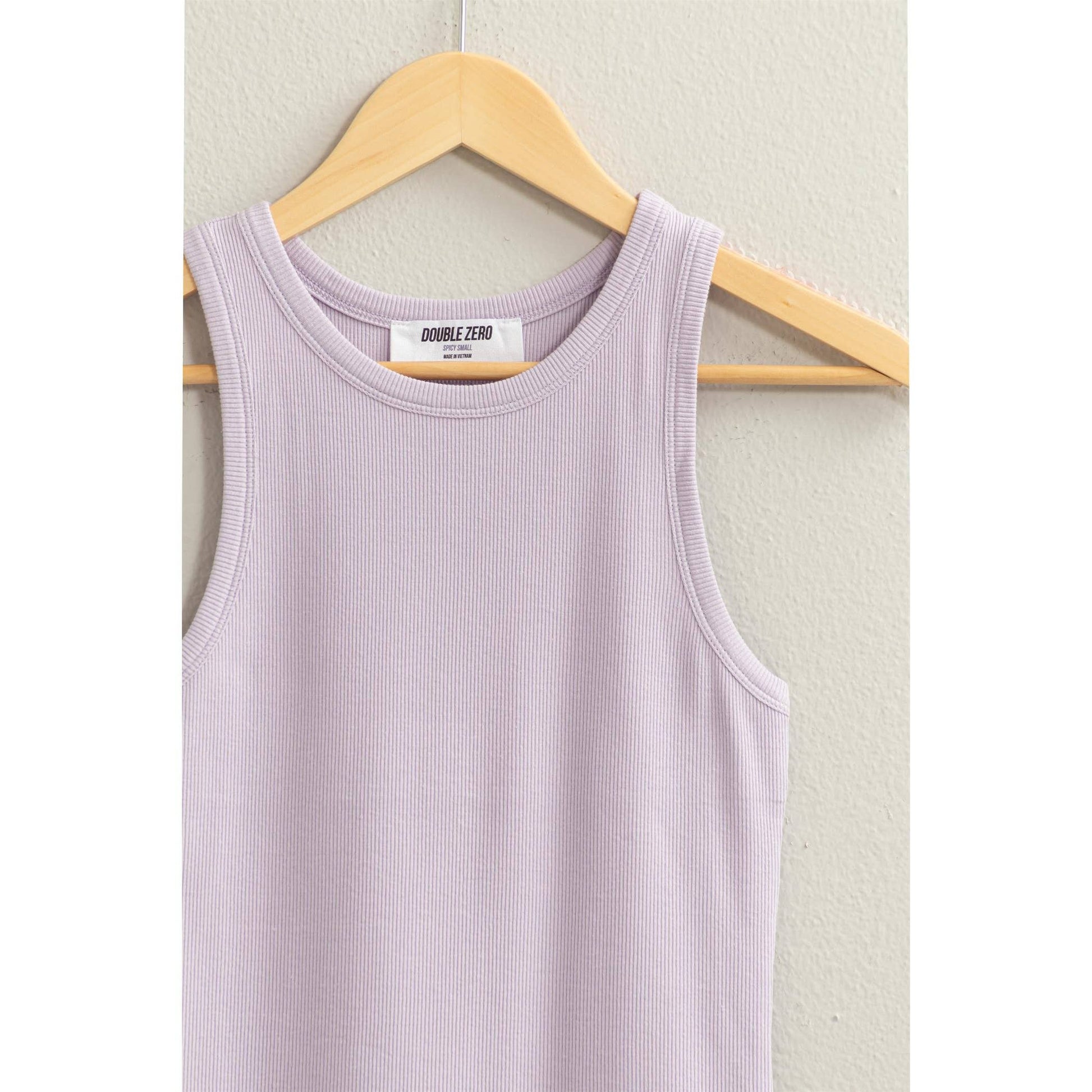 Ribbed round neck tank top in lavender — fitted women's boutique tank
