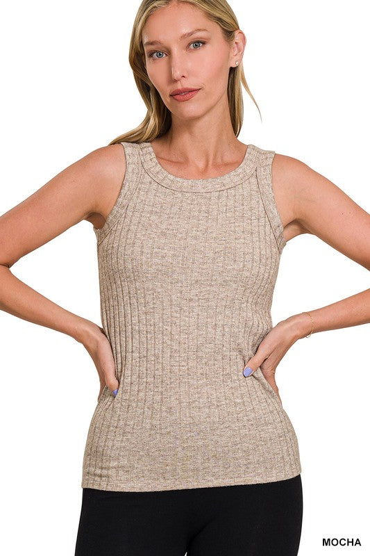 Ribbed scoop neck sleeveless tank in mocha — women's boutique tank top