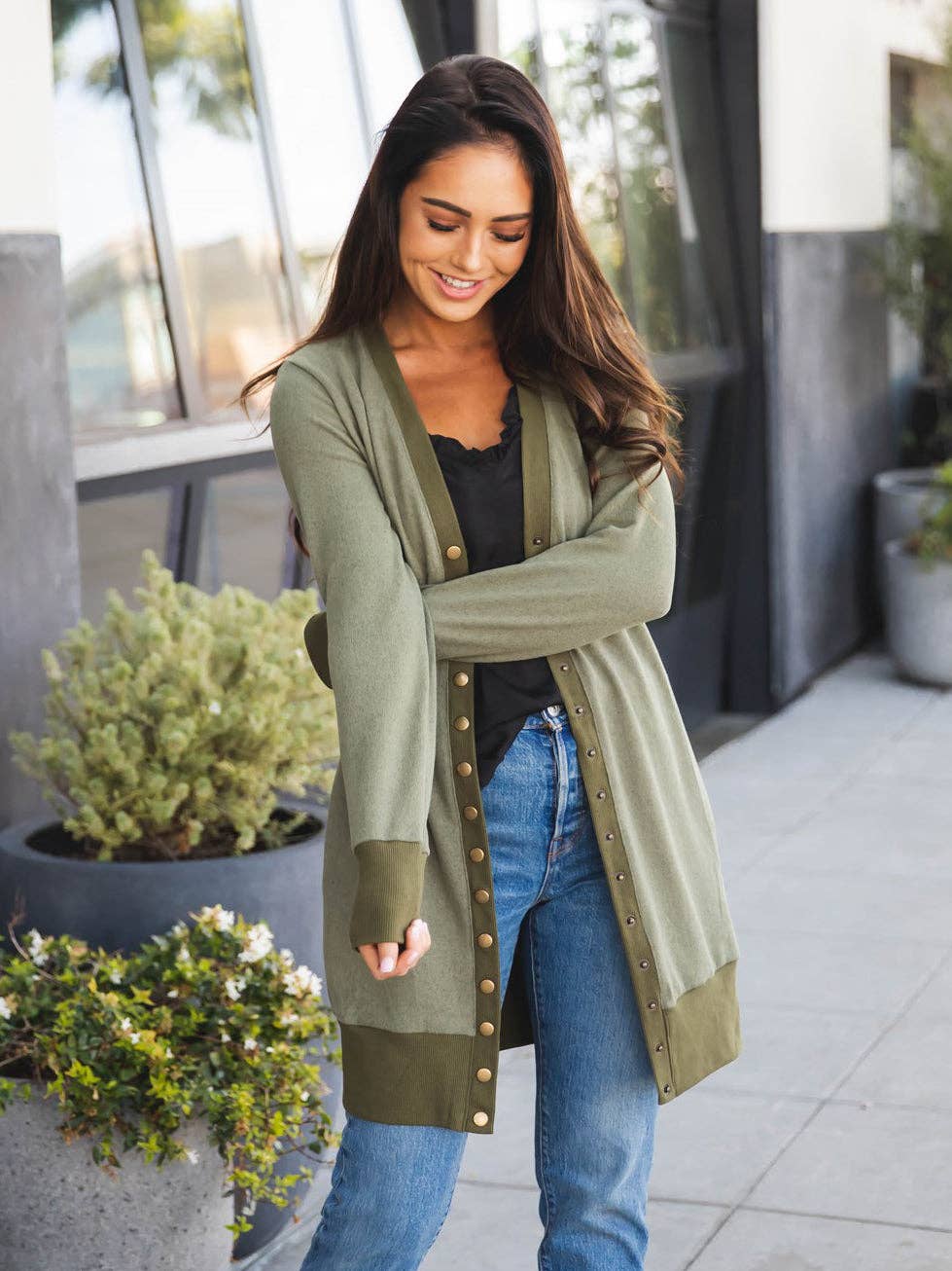 Solid Cleo Snap Cardigan – olive casual button-up cardigan