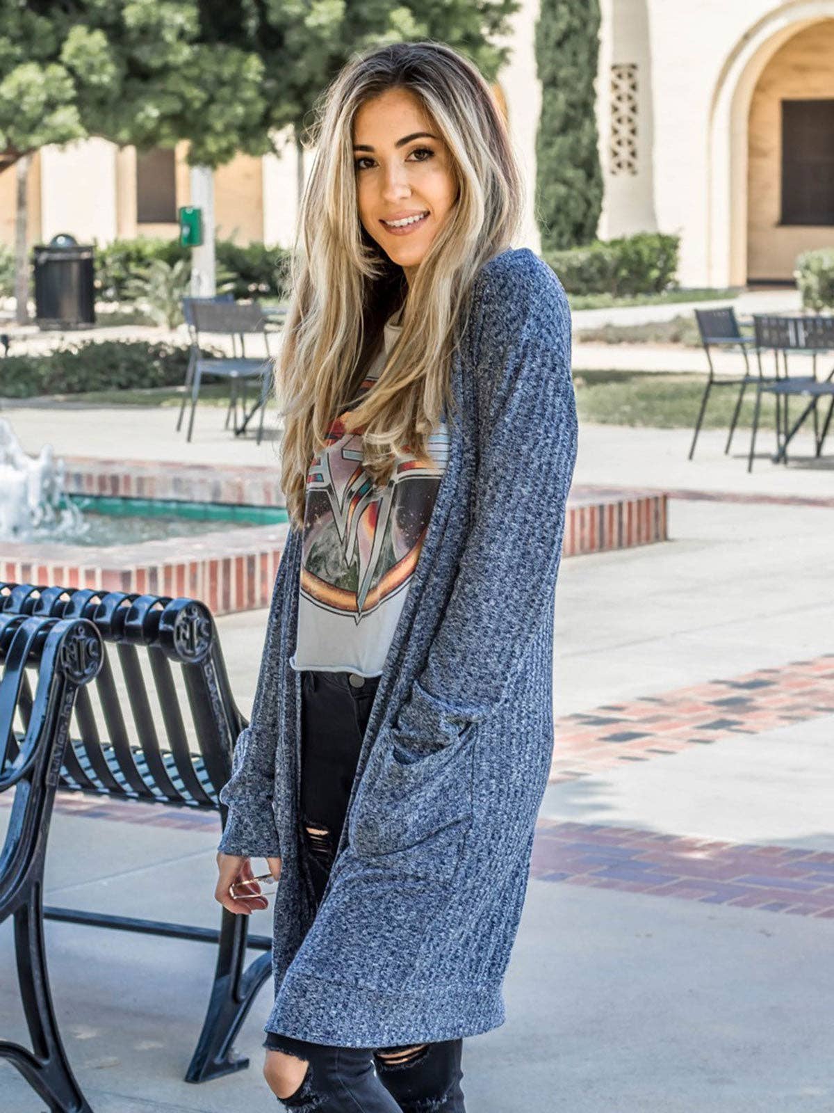 Textured Pocket Cardigan – navy blue open-front women’s cardigan with pockets - Close Up