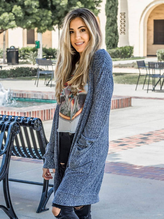 Textured Pocket Cardigan – navy blue open-front women’s cardigan with pockets - Close Up