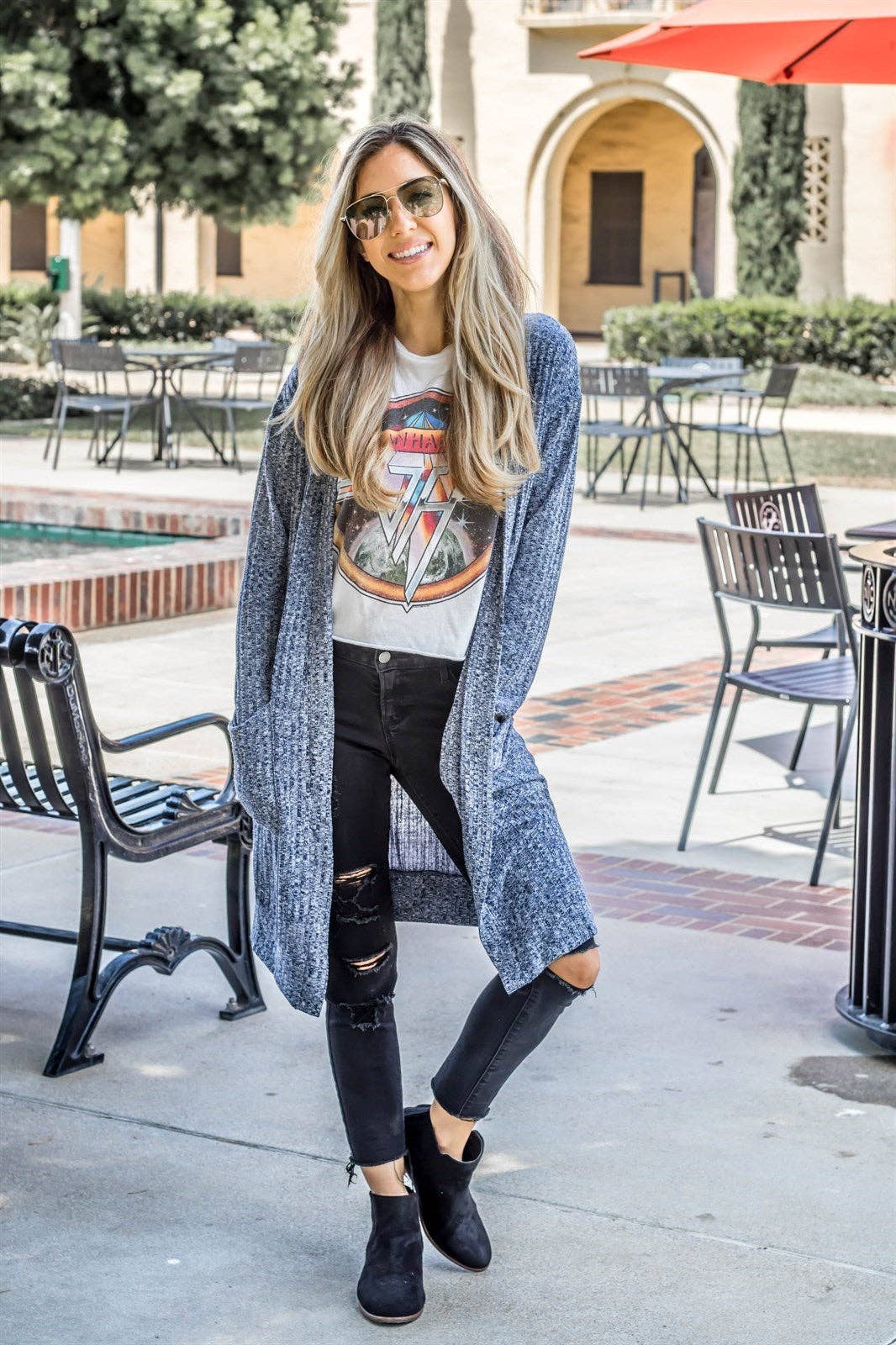 Textured Pocket Cardigan – navy blue open-front women’s cardigan with pockets - Front