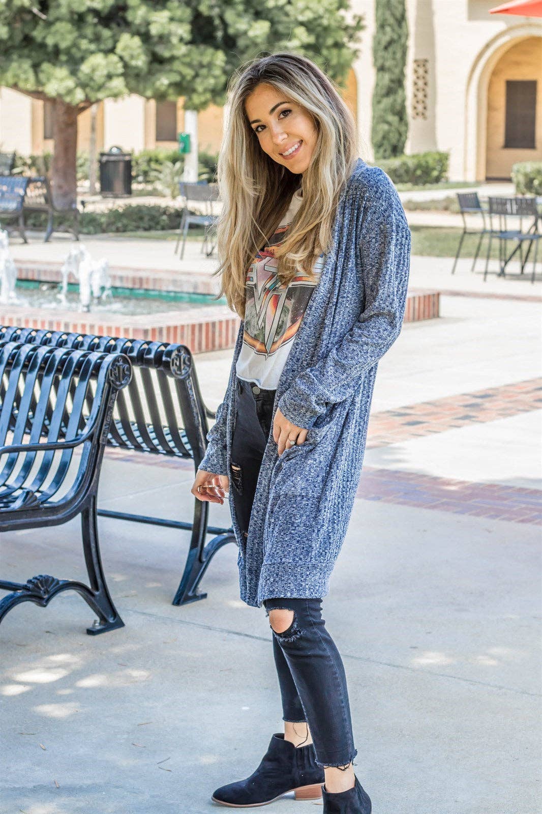 Textured Pocket Cardigan – navy blue open-front women’s cardigan with pockets - Side