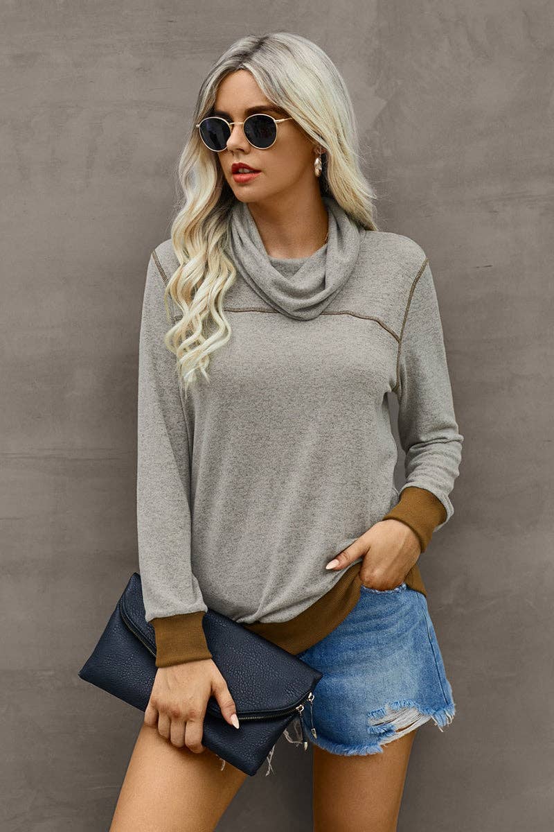 Turtleneck long sleeve top – light grey women’s cozy knit - Front 2