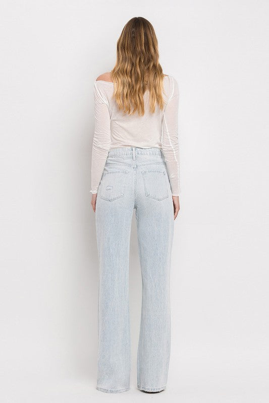 Vervet 90s vintage super high rise flare jeans – women's non-stretch distressed denim - Back Close Up