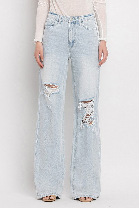 Vervet 90s vintage super high rise flare jeans – women's non-stretch distressed denim - Front Close-up