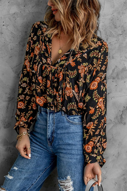 Floral Print Pleated Long Sleeve Blouse