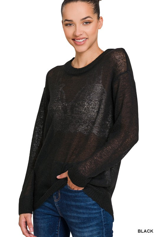 Round Neck See-Through Wool Sweater - Black - Last One - Size Small