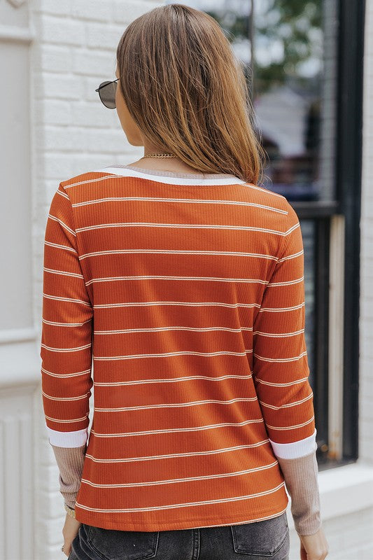 Long Sleeve Ribbed Knit Striped Top - Burnt Orange