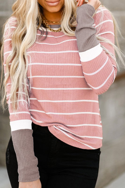 Long Sleeve Ribbed Knit Striped Top - Pink