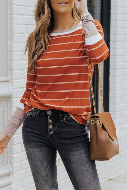 Long Sleeve Ribbed Knit Striped Top - Burnt Orange