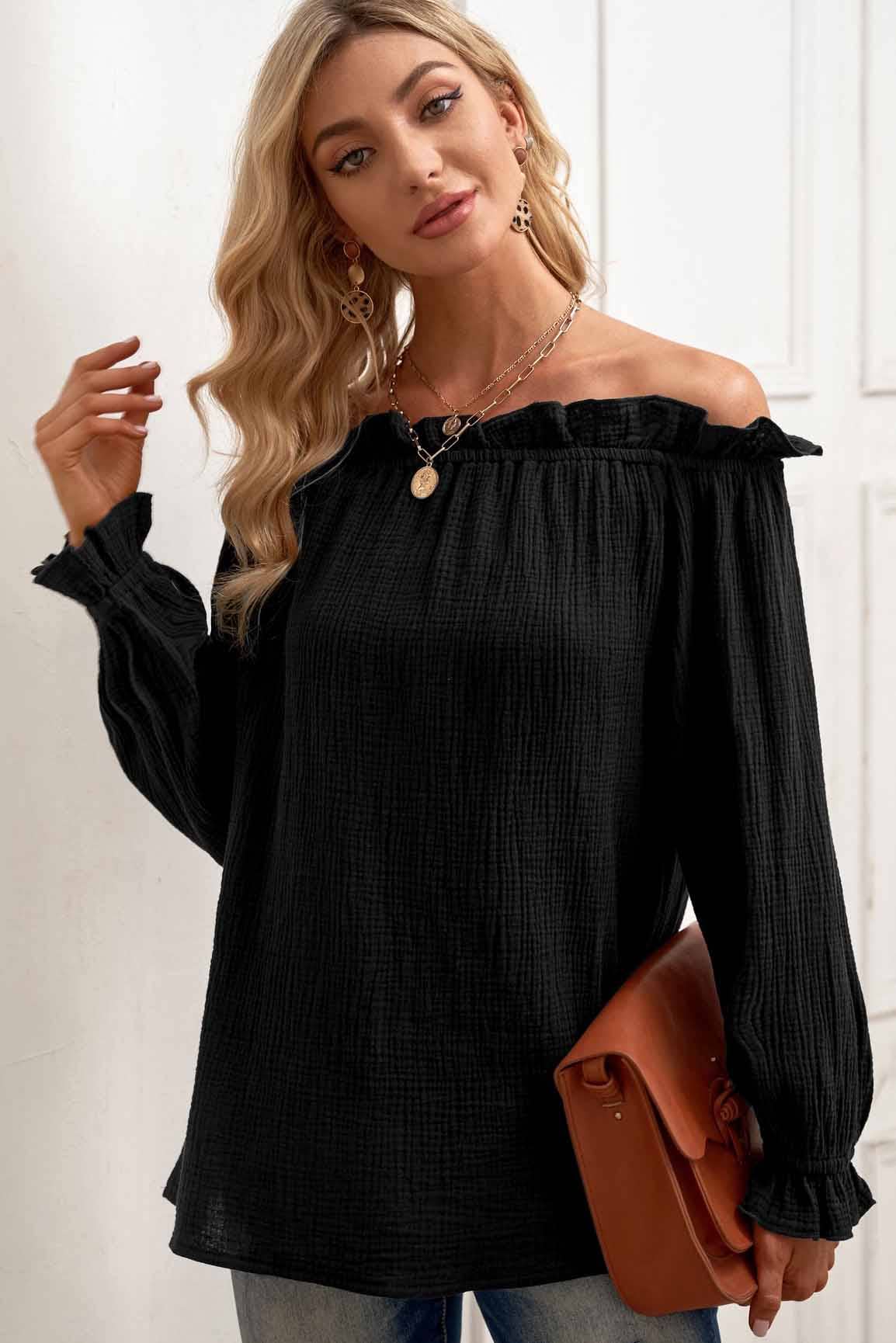 Lovely Ruffled Trim Off The Shoulder Blouse - Black - Last One - Size Large