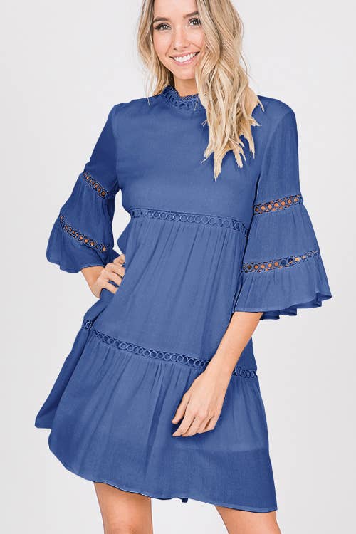 3/4 Sleeve Solid Ruffled Dress - Denim Blue