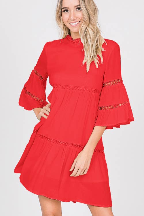 3/4 Sleeve Solid Ruffled Dress - Coral