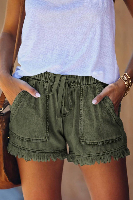 Casual Pocketed Frayed Denim Shorts in Green - Last One - Size Small