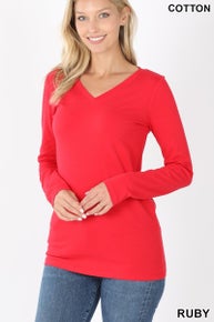 Cotton V-Neck Long Sleeve T-Shirt - Ruby