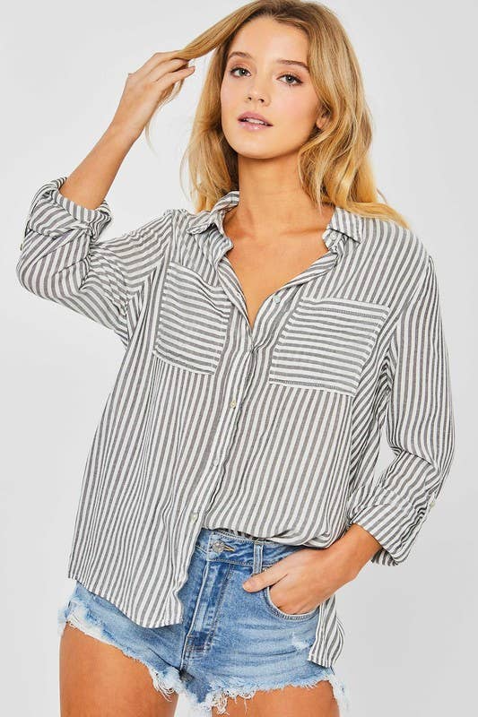 Long Sleeve Striped Top w/ Front Pockets - Black - Last One - Size Small