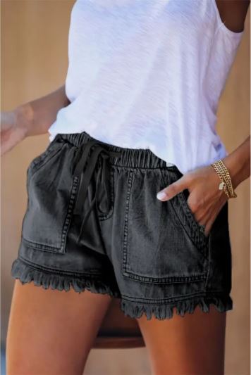 Casual Pocketed Frayed Denim Shorts in Black - Last One - Size Large