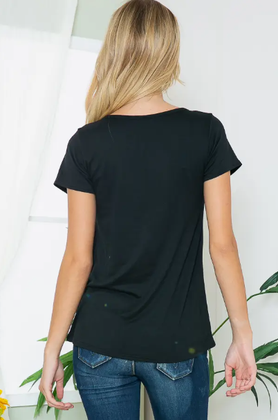 Solid Short Sleeve Top with Stripe Pocket Detail - Black