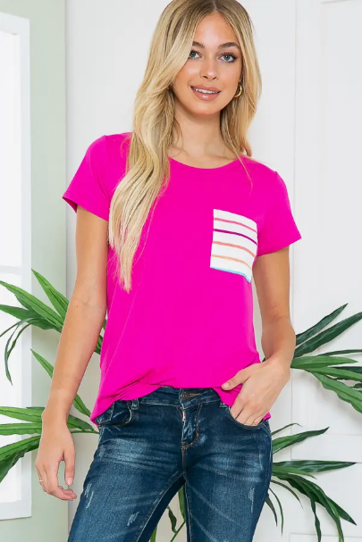 Solid Short Sleeve Top with Stripe Pocket Detail - Fuchsia