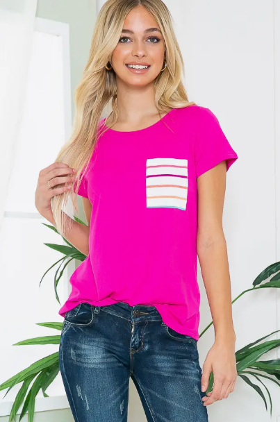Solid Short Sleeve Top with Stripe Pocket Detail - Fuchsia