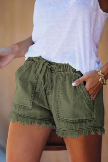 Casual Pocketed Frayed Denim Shorts in Green - Last One - Size Small