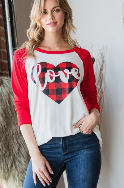 Color Block Top w/ Buffalo Plaid Heart Detail - Red