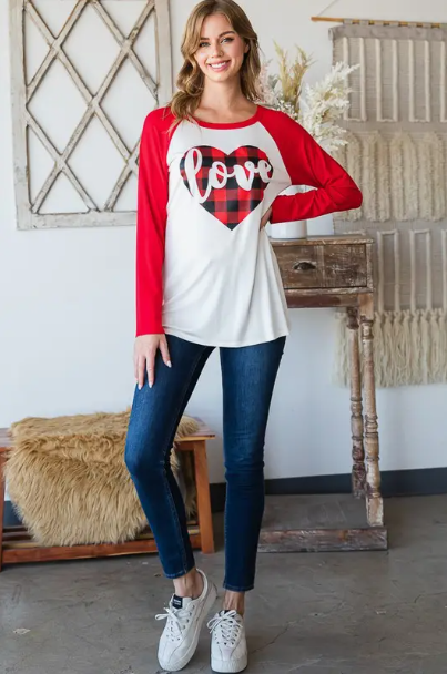 Color Block Top w/ Buffalo Plaid Heart Detail - Red