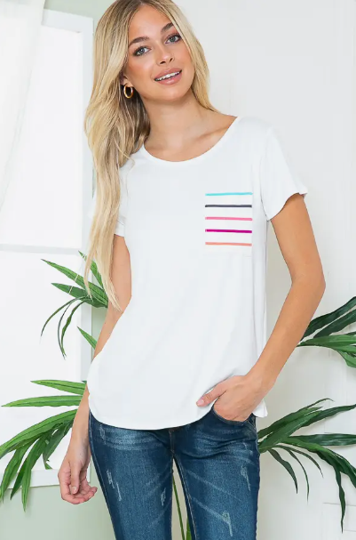 Solid Short Sleeve Top with Stripe Pocket Detail - White