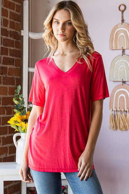 Short Sleeve V-Neck Solid Top - Coral