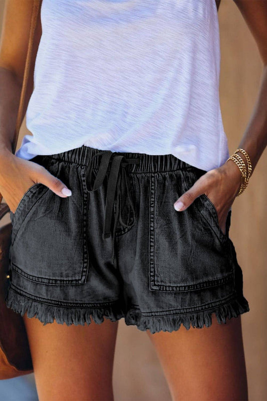 Casual Pocketed Frayed Denim Shorts in Black - Last One - Size Large
