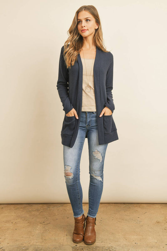 Long Sleeve Waffle Print Cozy Cardigan - Navy