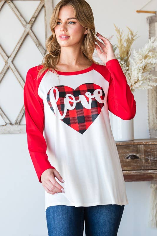 Color Block Top w/ Buffalo Plaid Heart Detail - Red