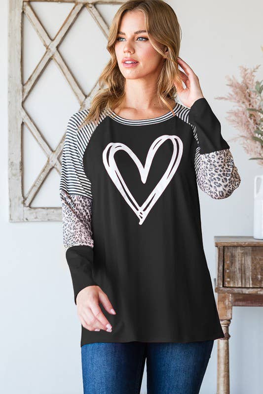 Round Neck Heart Long Sleeve Tee - Black - Last One - Size Small