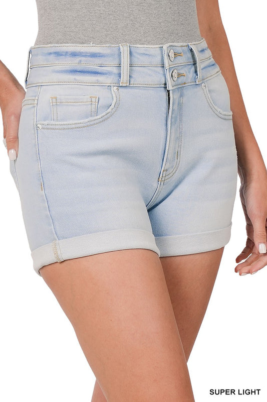 Cuffed Double Button Denim Shorts - Light - Last One - Size Large